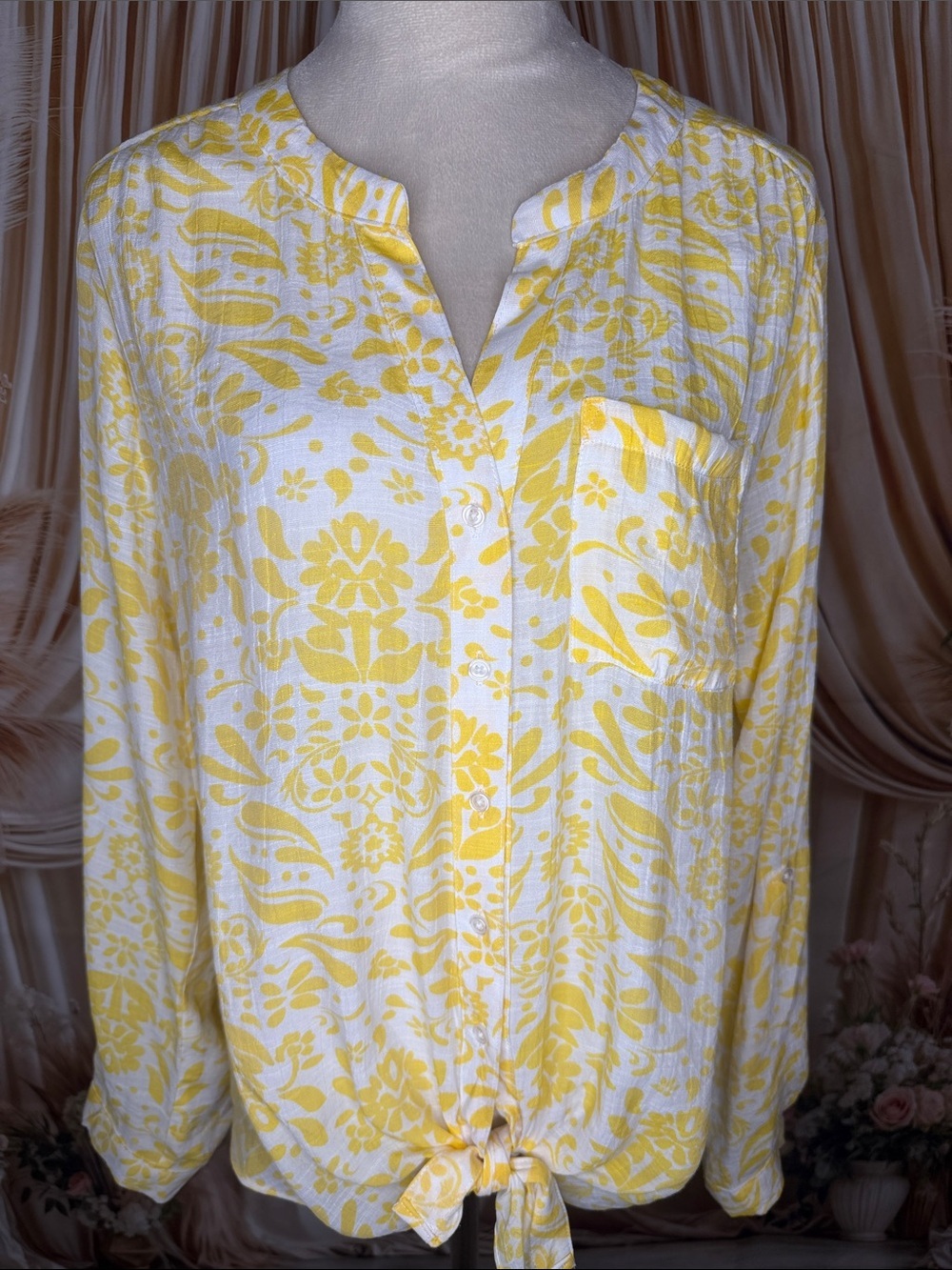 Zac & Rachel White Blouse with Yellow Floral Tie-Front